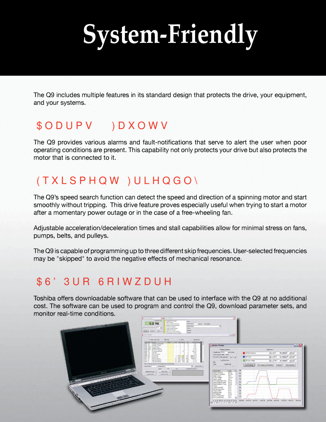 Toshiba Q9 Series manual Alarms & Faults, Equipment Friendly, ASD Pro Software 