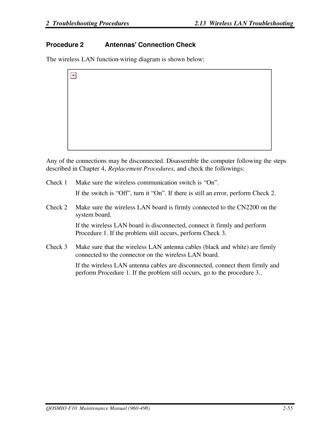 Toshiba qosmio f10 manual Troubleshooting Procedures Wireless LAN Troubleshooting, Procedure 2 Antennas Connection Check 