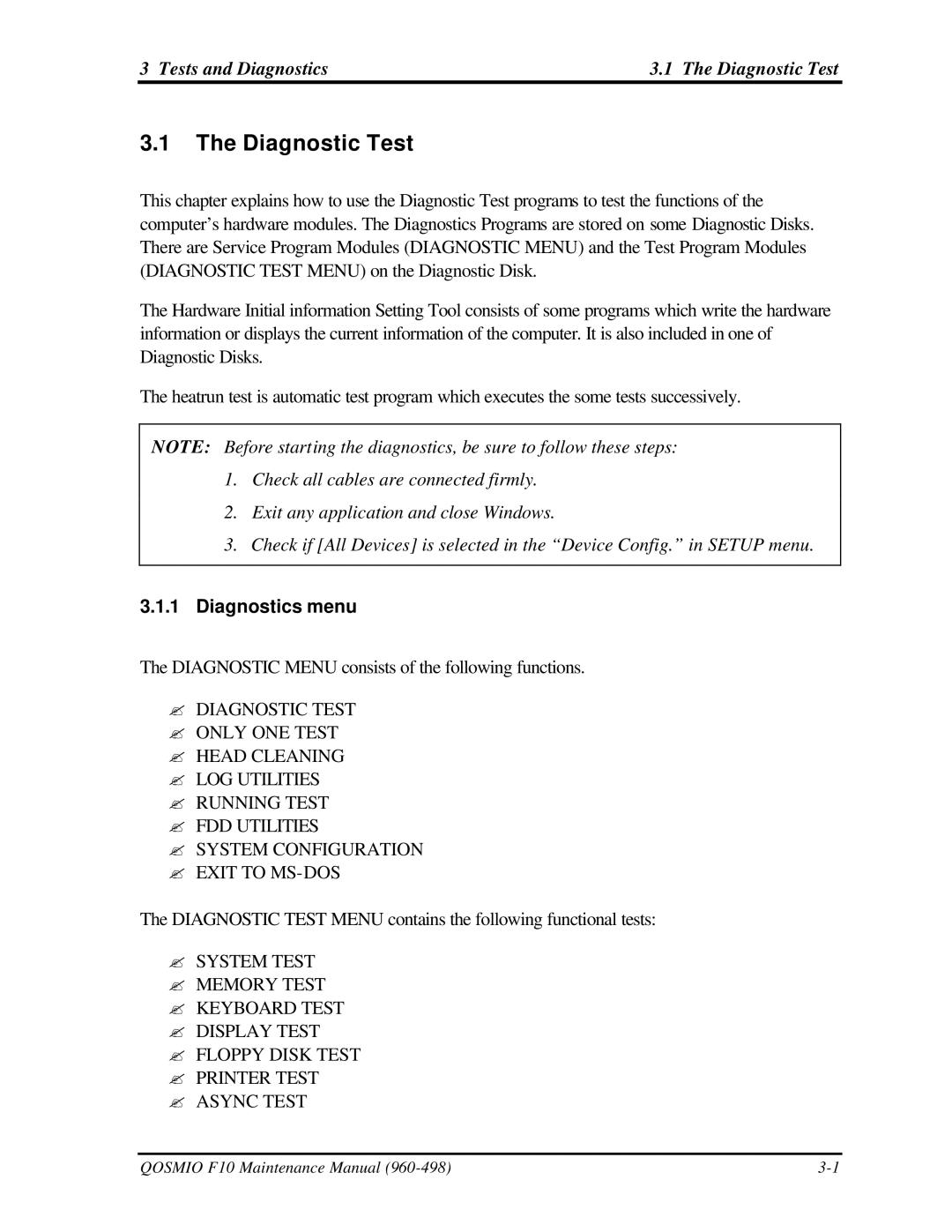 Toshiba qosmio f10 manual Tests and Diagnostics Diagnostic Test, Diagnostics menu 