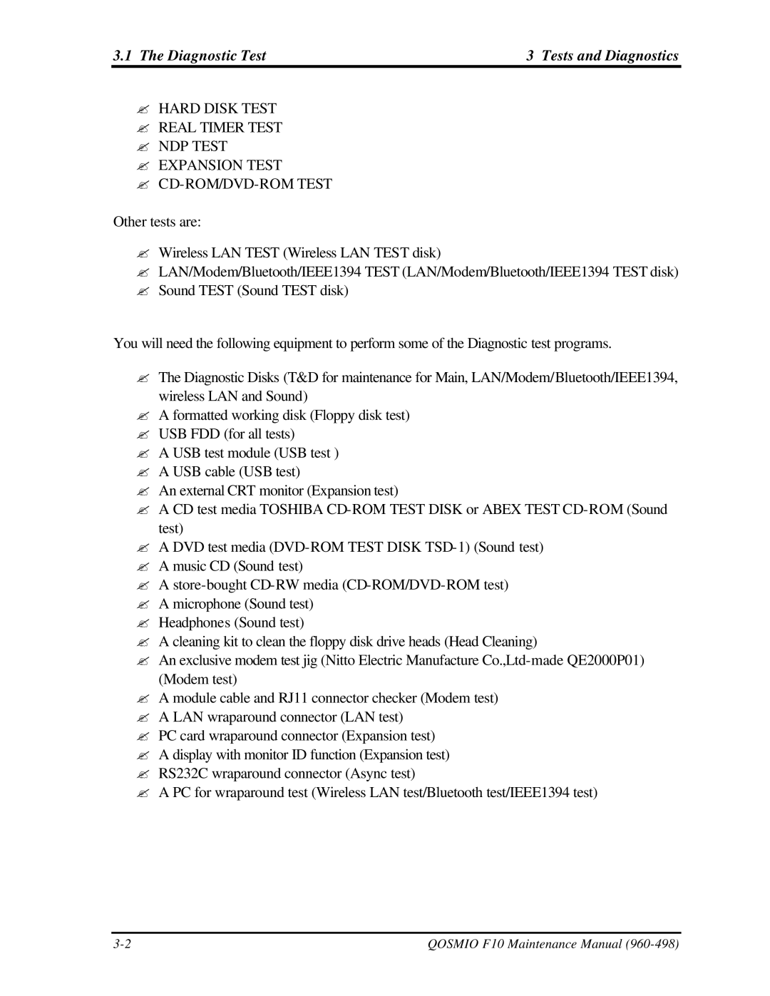 Toshiba qosmio f10 manual Diagnostic Test Tests and Diagnostics 