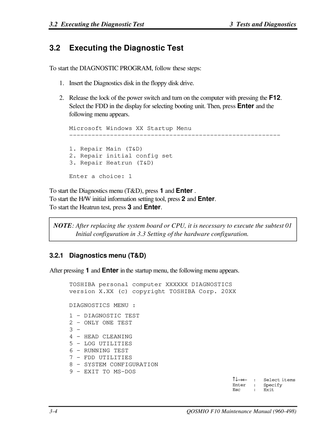 Toshiba qosmio f10 manual Executing the Diagnostic Test Tests and Diagnostics, Diagnostics menu T&D 