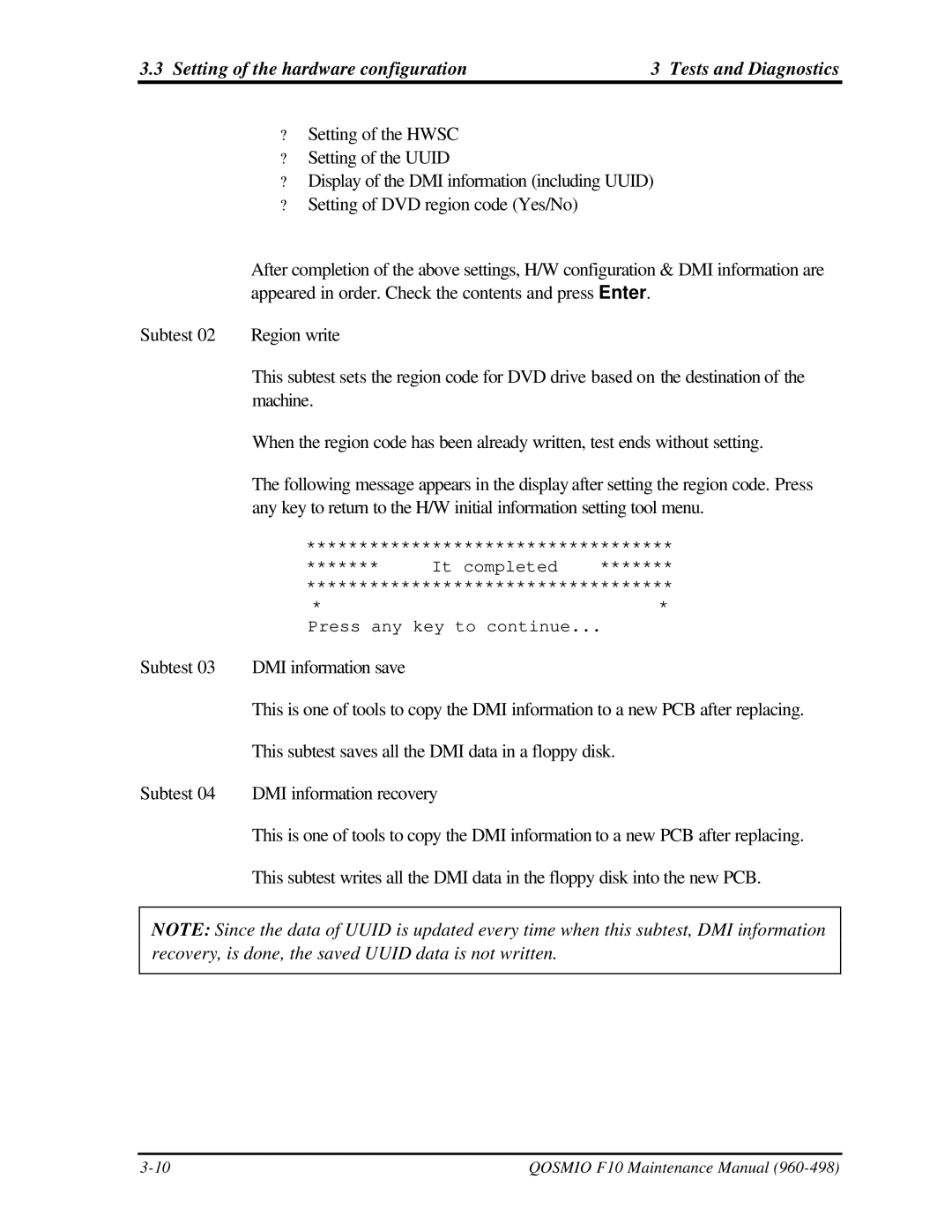 Toshiba qosmio f10 manual Setting of the hardware configuration Tests and Diagnostics 