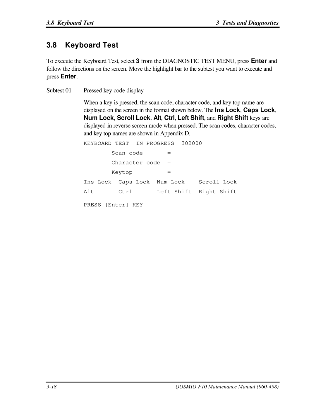 Toshiba qosmio f10 manual Keyboard Test Tests and Diagnostics 