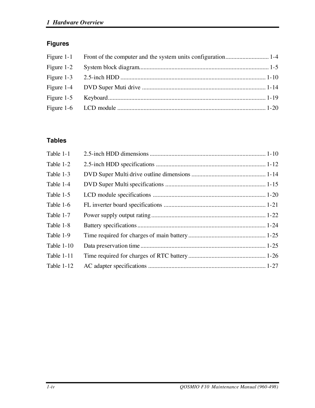 Toshiba qosmio f10 manual Figures, Tables 