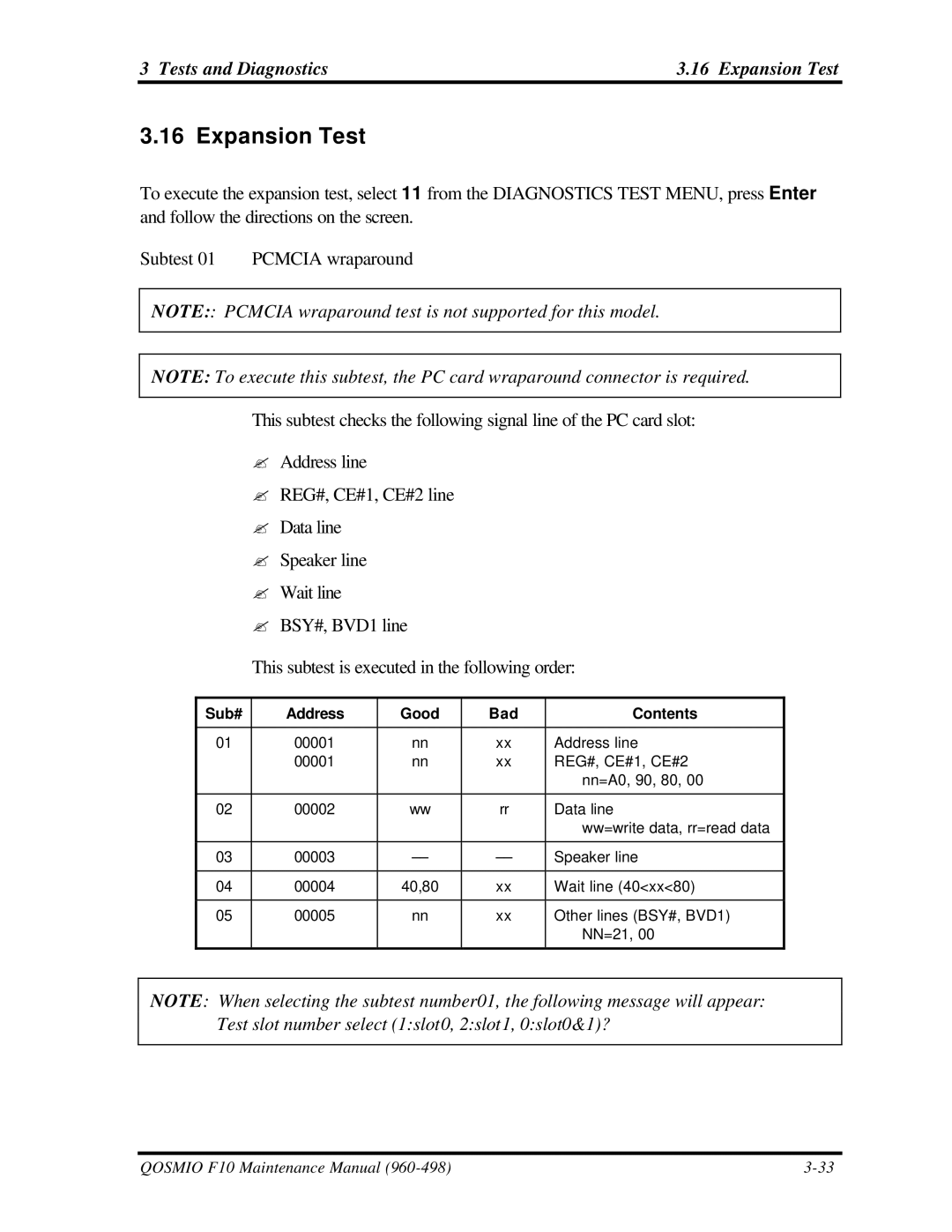 Toshiba qosmio f10 manual Tests and Diagnostics Expansion Test, Sub# Address Good Bad Contents 