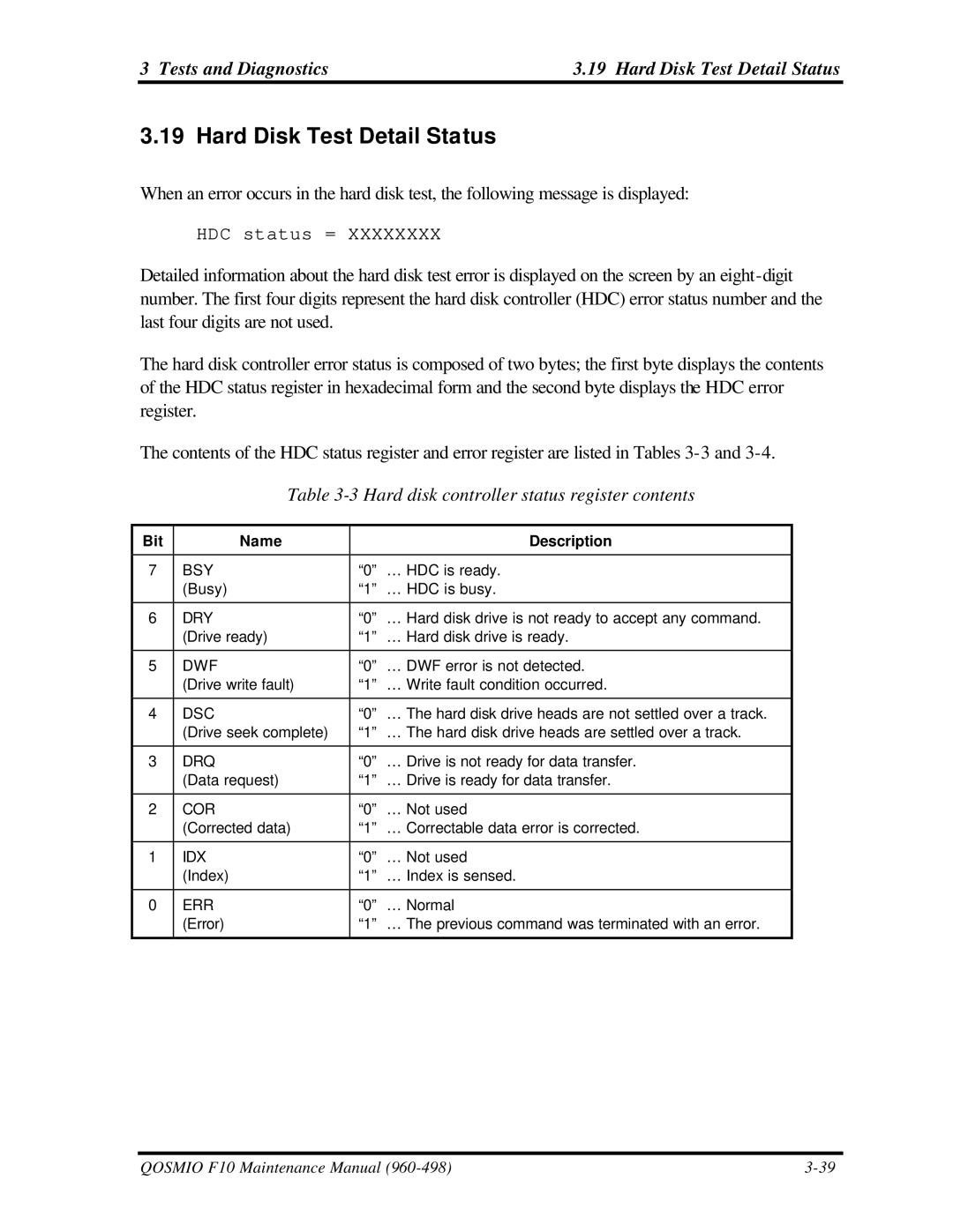 Toshiba qosmio f10 Tests and Diagnostics Hard Disk Test Detail Status, Hard disk controller status register contents 