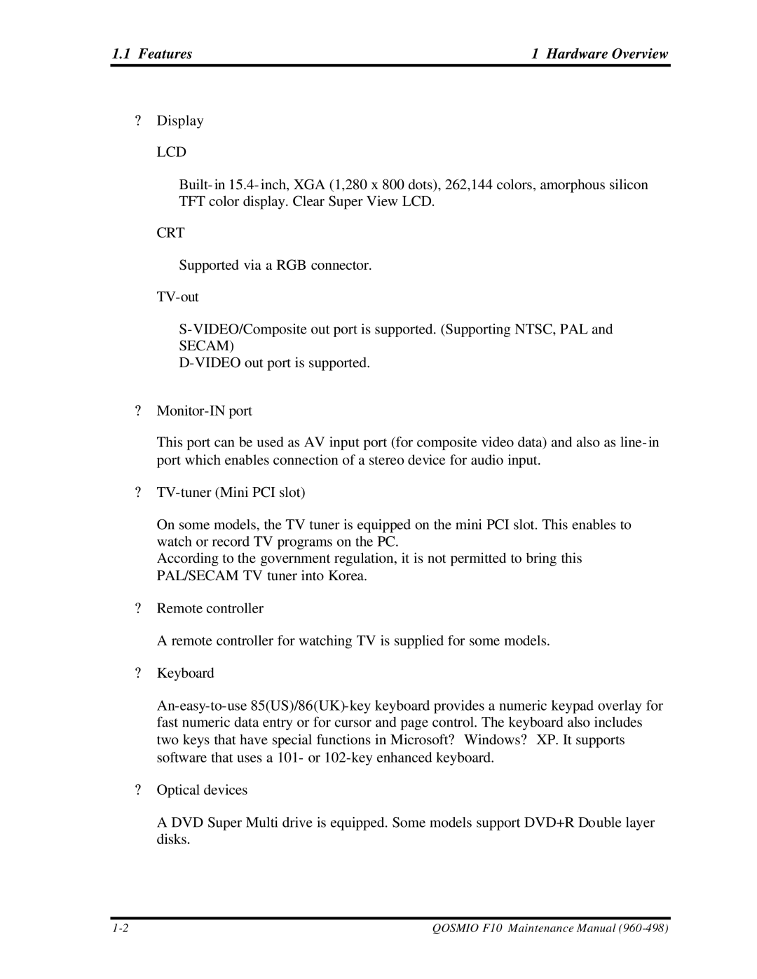 Toshiba qosmio f10 manual Features Hardware Overview, Lcd 