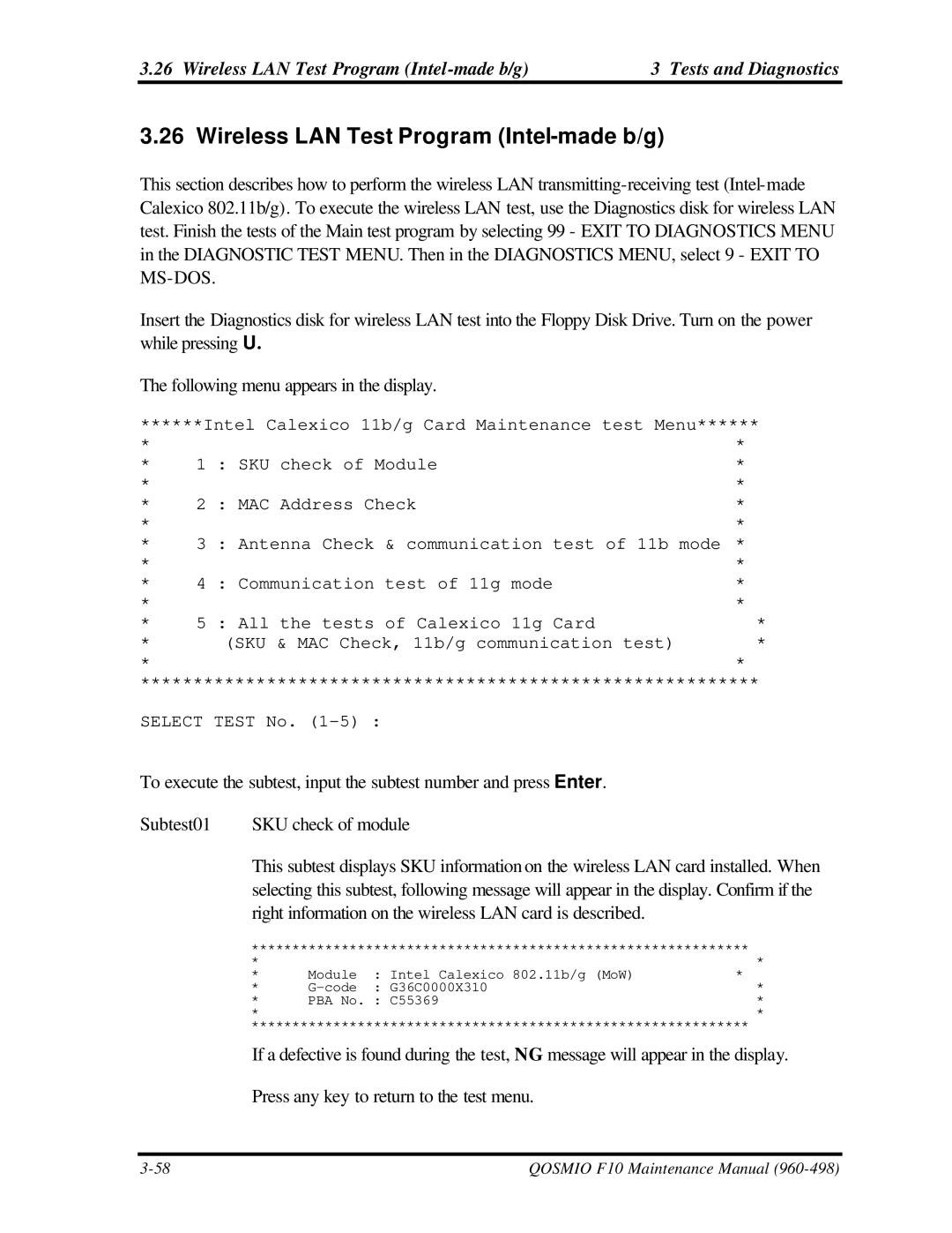 Toshiba qosmio f10 manual Wireless LAN Test Program Intel-made b/g 