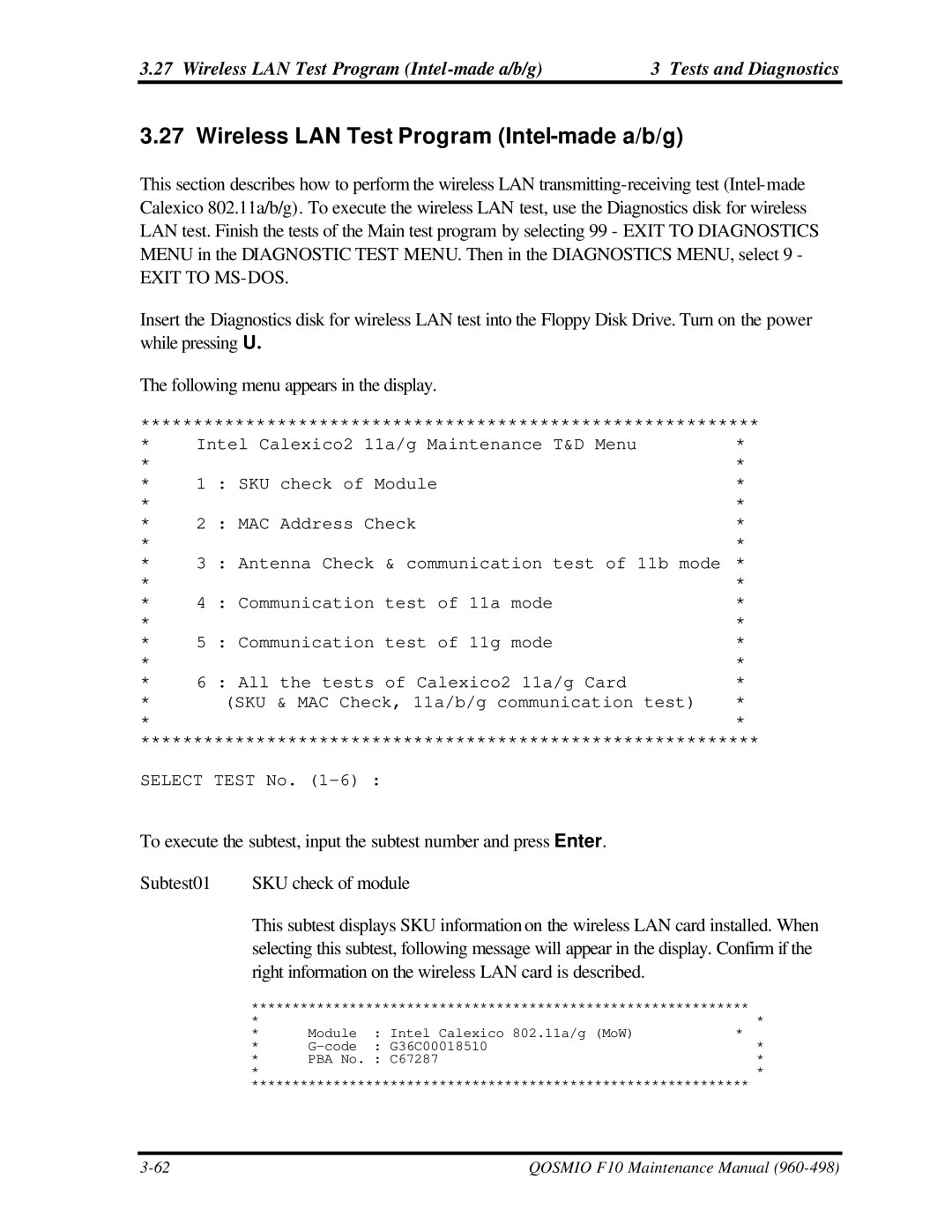 Toshiba qosmio f10 manual Wireless LAN Test Program Intel-made a/b/g, Exit to MS-DOS 