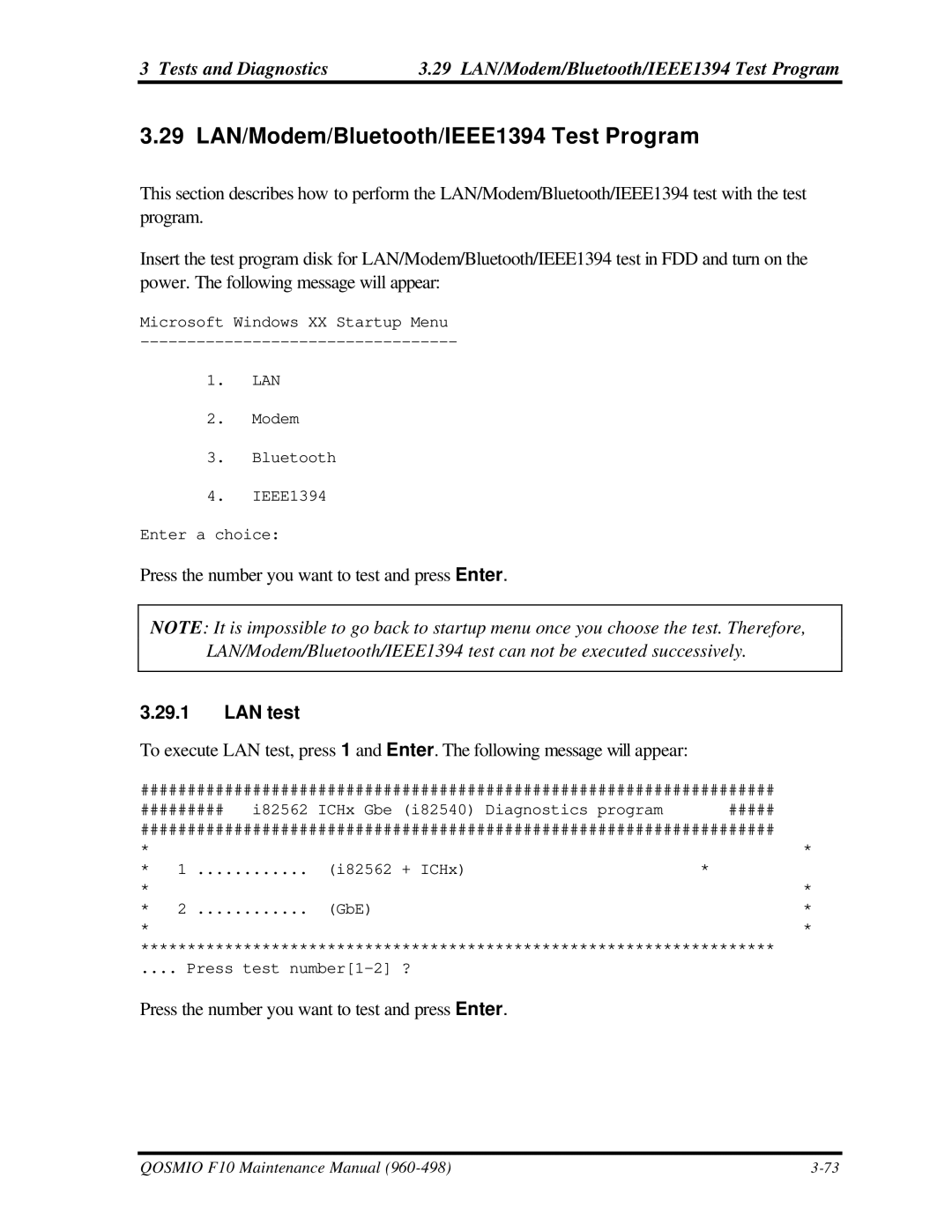 Toshiba qosmio f10 manual 29 LAN/Modem/Bluetooth/IEEE1394 Test Program, LAN test 