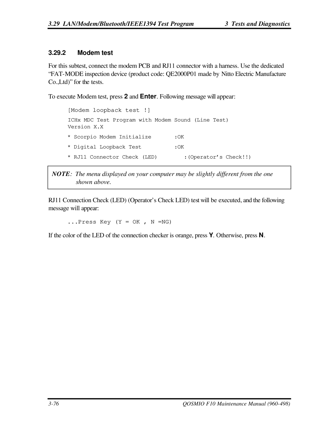 Toshiba qosmio f10 manual Modem test, Modem loopback test 