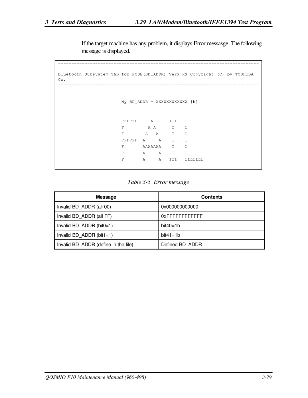 Toshiba qosmio f10 manual Error message, Message Contents 