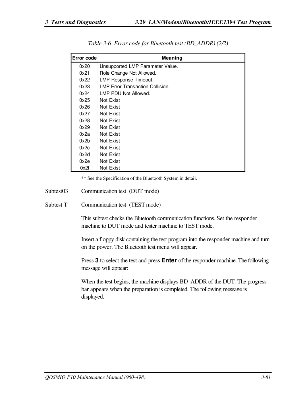 Toshiba qosmio f10 manual Error code for Bluetooth test Bdaddr 2/2 