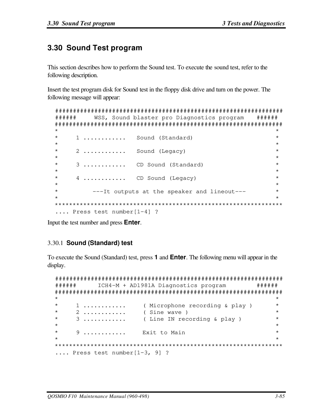 Toshiba qosmio f10 manual Sound Test program Tests and Diagnostics, Sound Standard test 