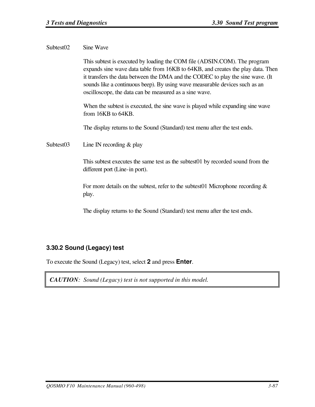 Toshiba qosmio f10 manual Tests and Diagnostics Sound Test program, Sound Legacy test 