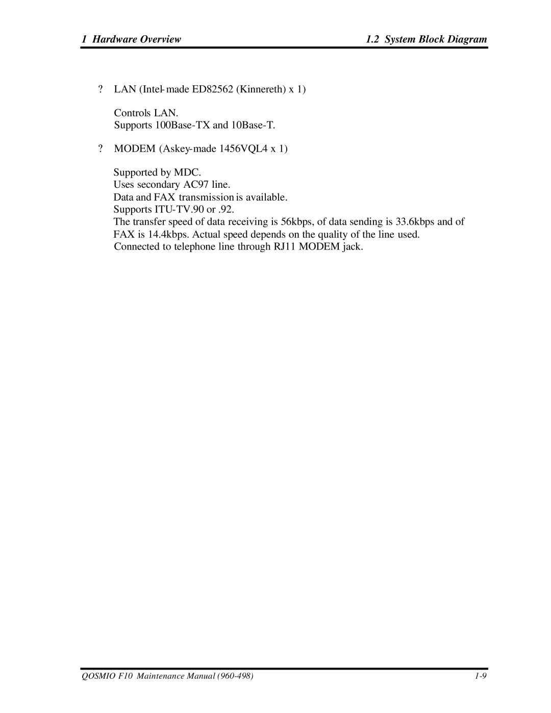 Toshiba qosmio f10 manual Hardware Overview System Block Diagram 