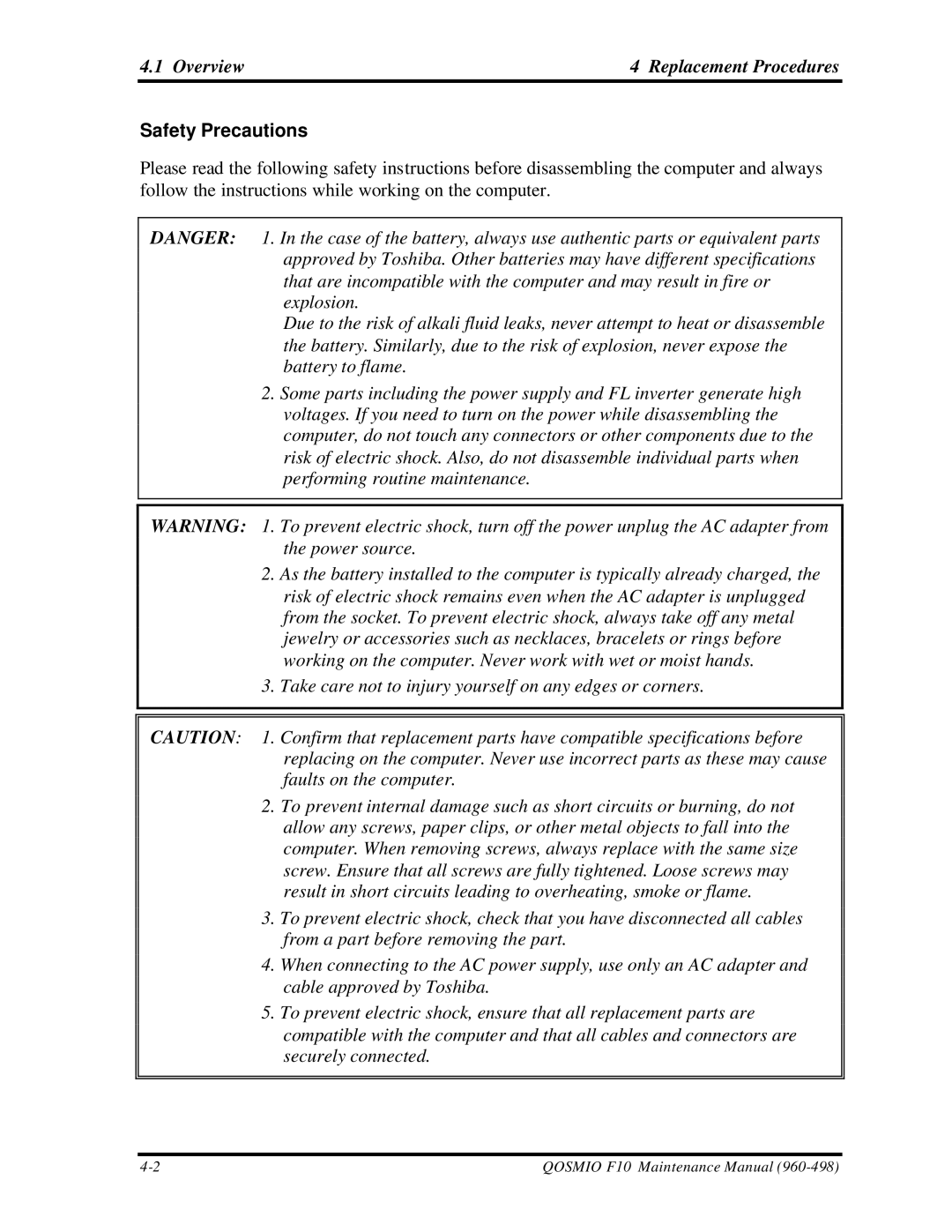 Toshiba qosmio f10 manual Overview Replacement Procedures, Safety Precautions 