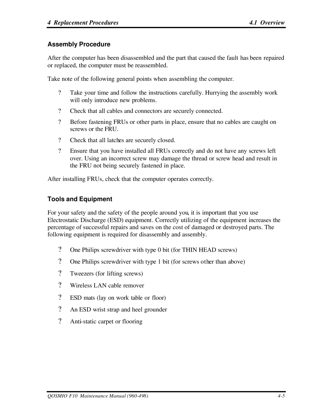 Toshiba qosmio f10 manual Assembly Procedure, Tools and Equipment 