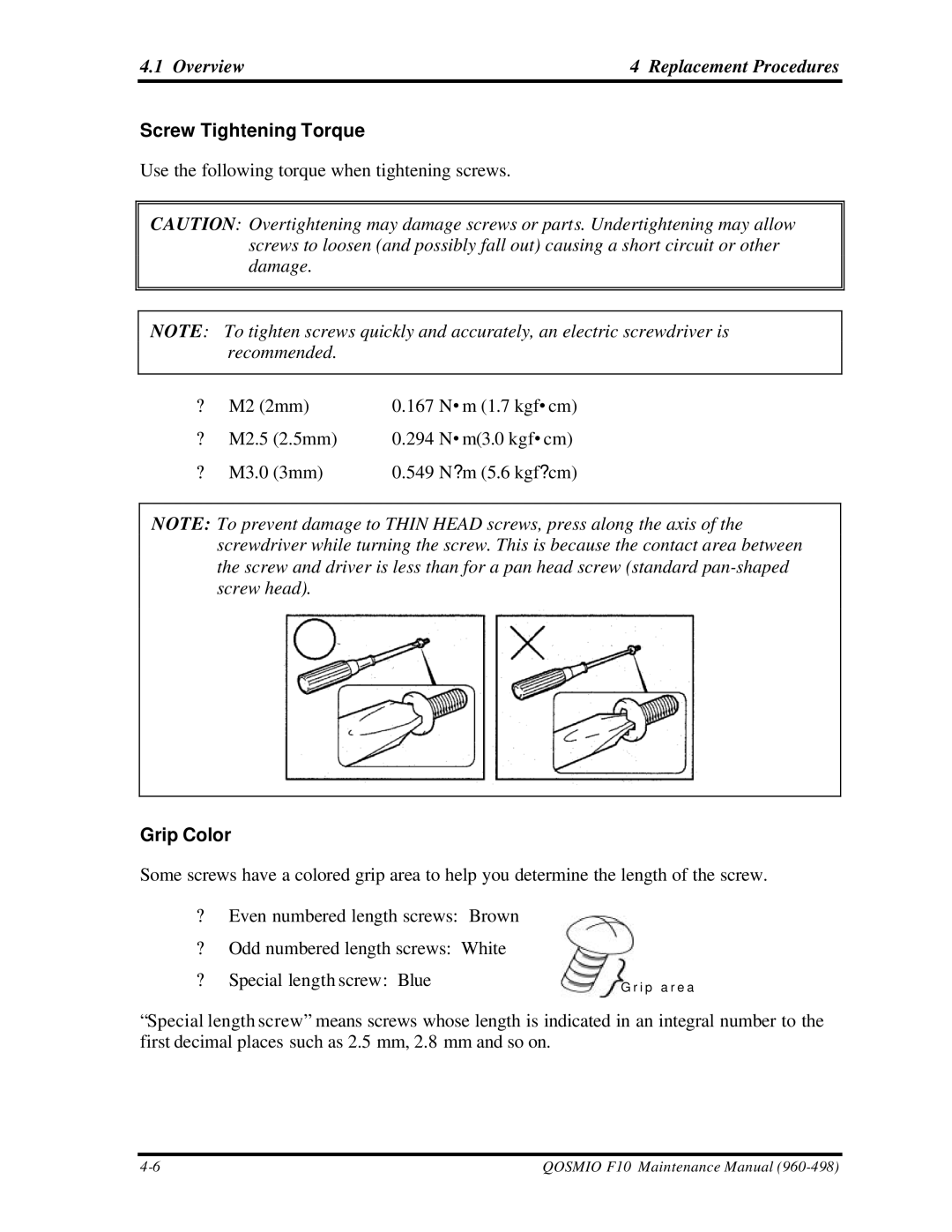 Toshiba qosmio f10 manual Screw Tightening Torque, Grip Color 