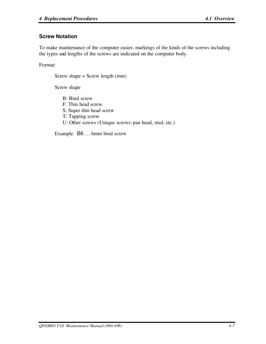 Toshiba qosmio f10 manual Screw Notation 