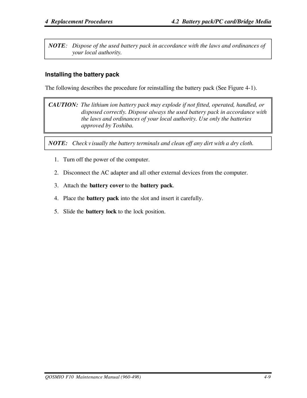 Toshiba qosmio f10 manual Replacement Procedures Battery pack/PC card/Bridge Media, Installing the battery pack 