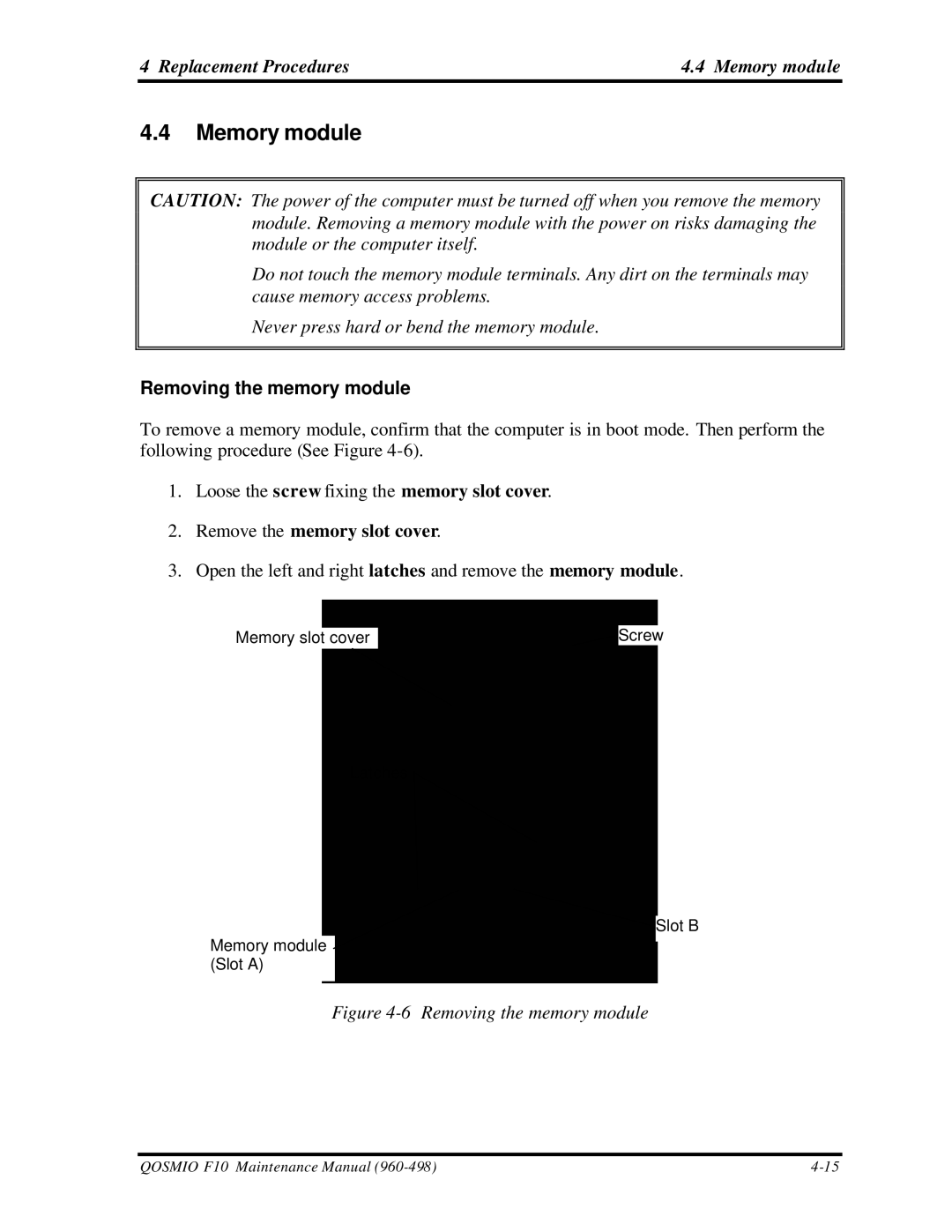 Toshiba qosmio f10 manual Replacement Procedures Memory module, Removing the memory module 