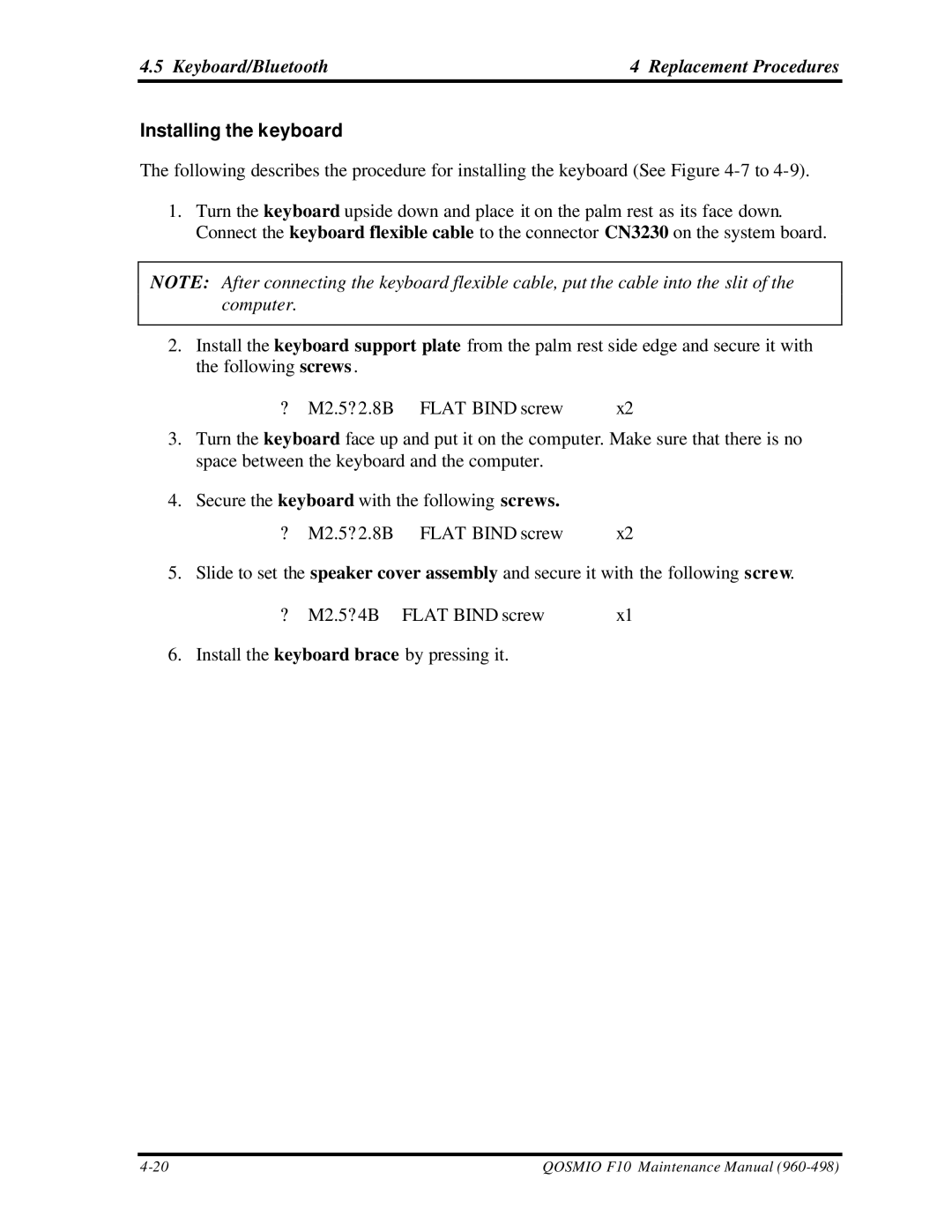 Toshiba qosmio f10 manual Keyboard/Bluetooth Replacement Procedures, Installing the keyboard 