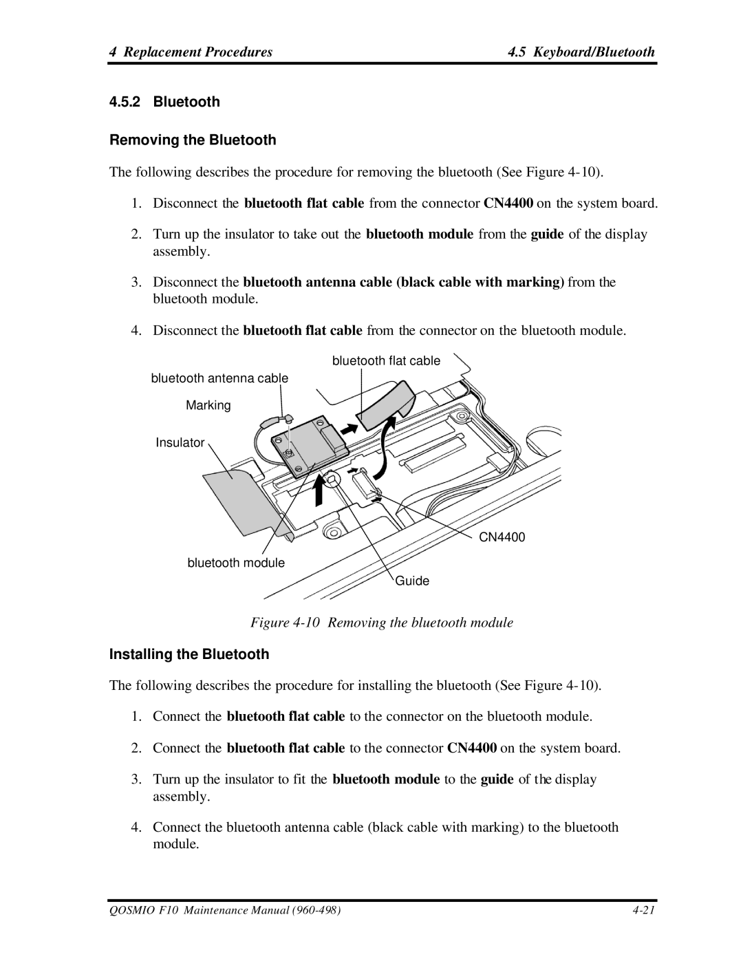 Toshiba qosmio f10 manual Bluetooth Removing the Bluetooth, Installing the Bluetooth 