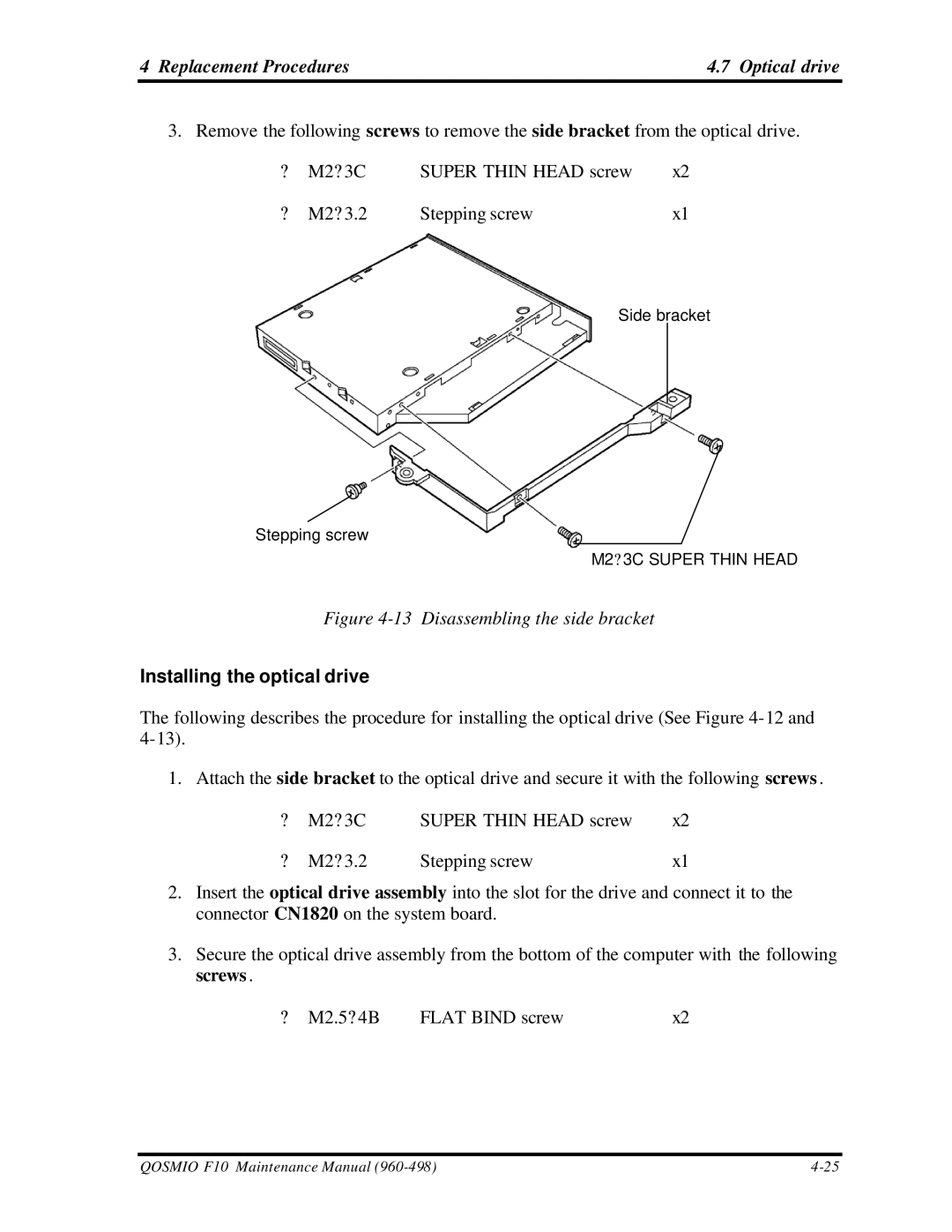 Toshiba qosmio f10 manual Replacement Procedures Optical drive, Installing the optical drive 