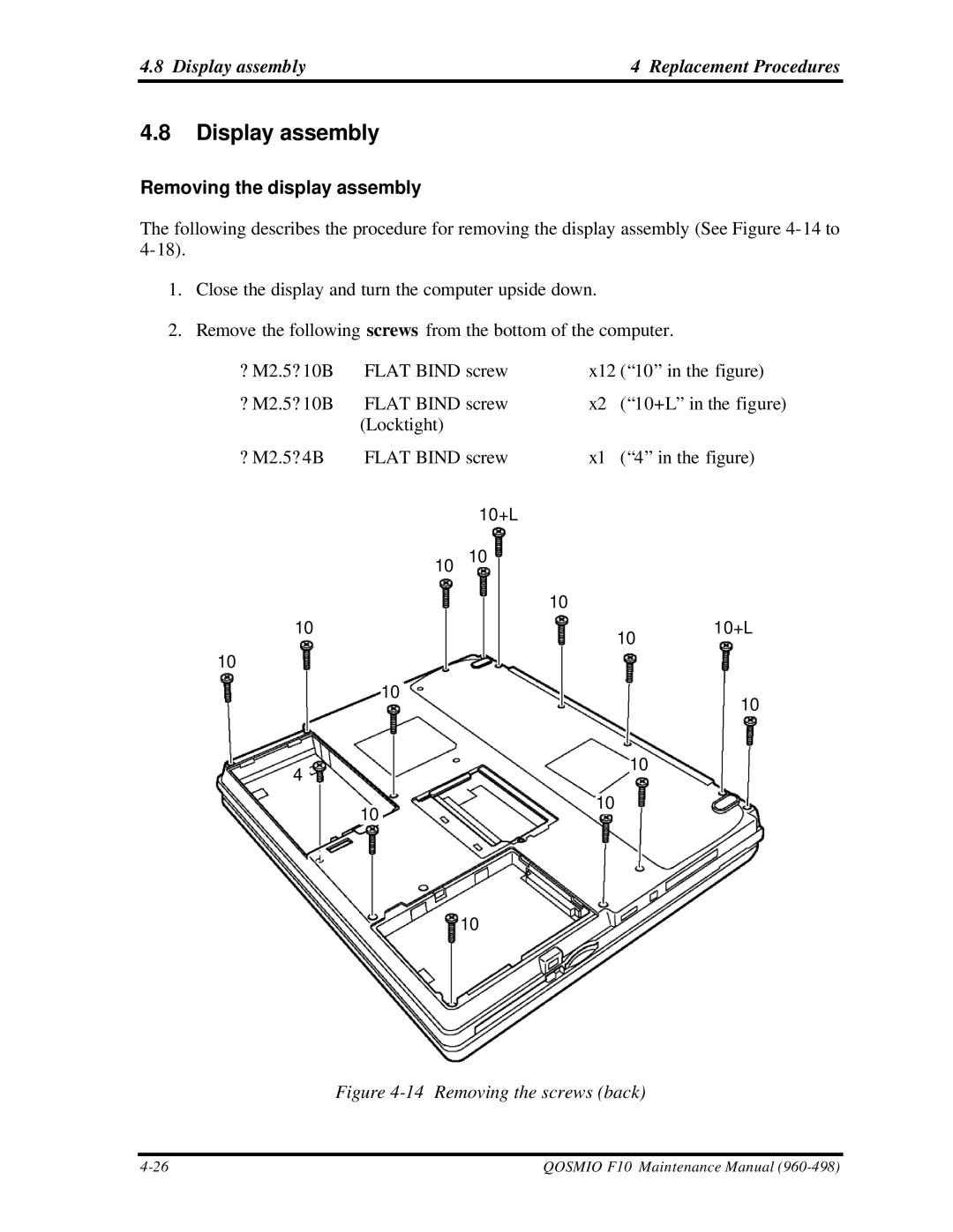 Toshiba qosmio f10 manual Display assembly Replacement Procedures, Removing the display assembly 