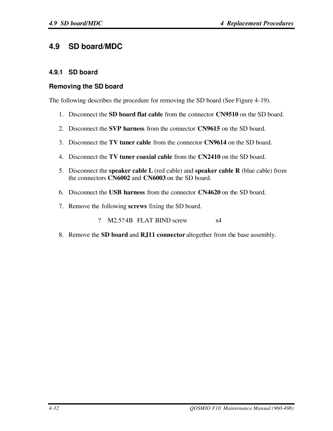 Toshiba qosmio f10 manual SD board/MDC Replacement Procedures, SD board Removing the SD board 