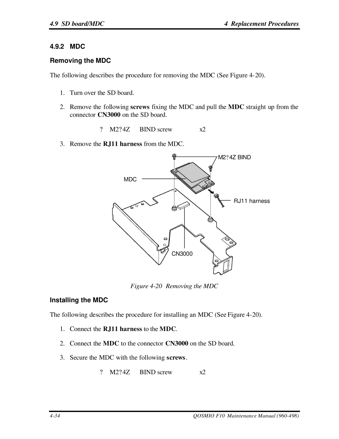 Toshiba qosmio f10 manual MDC Removing the MDC, Installing the MDC 