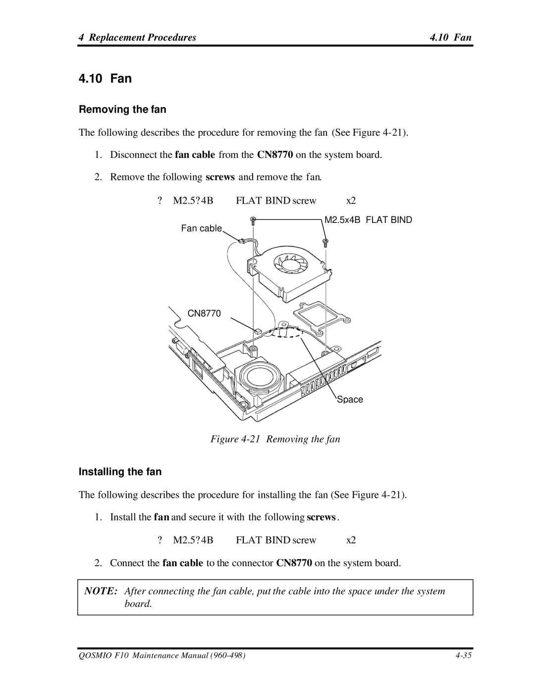 Toshiba qosmio f10 manual Replacement Procedures 10 Fan, Removing the fan, Installing the fan 