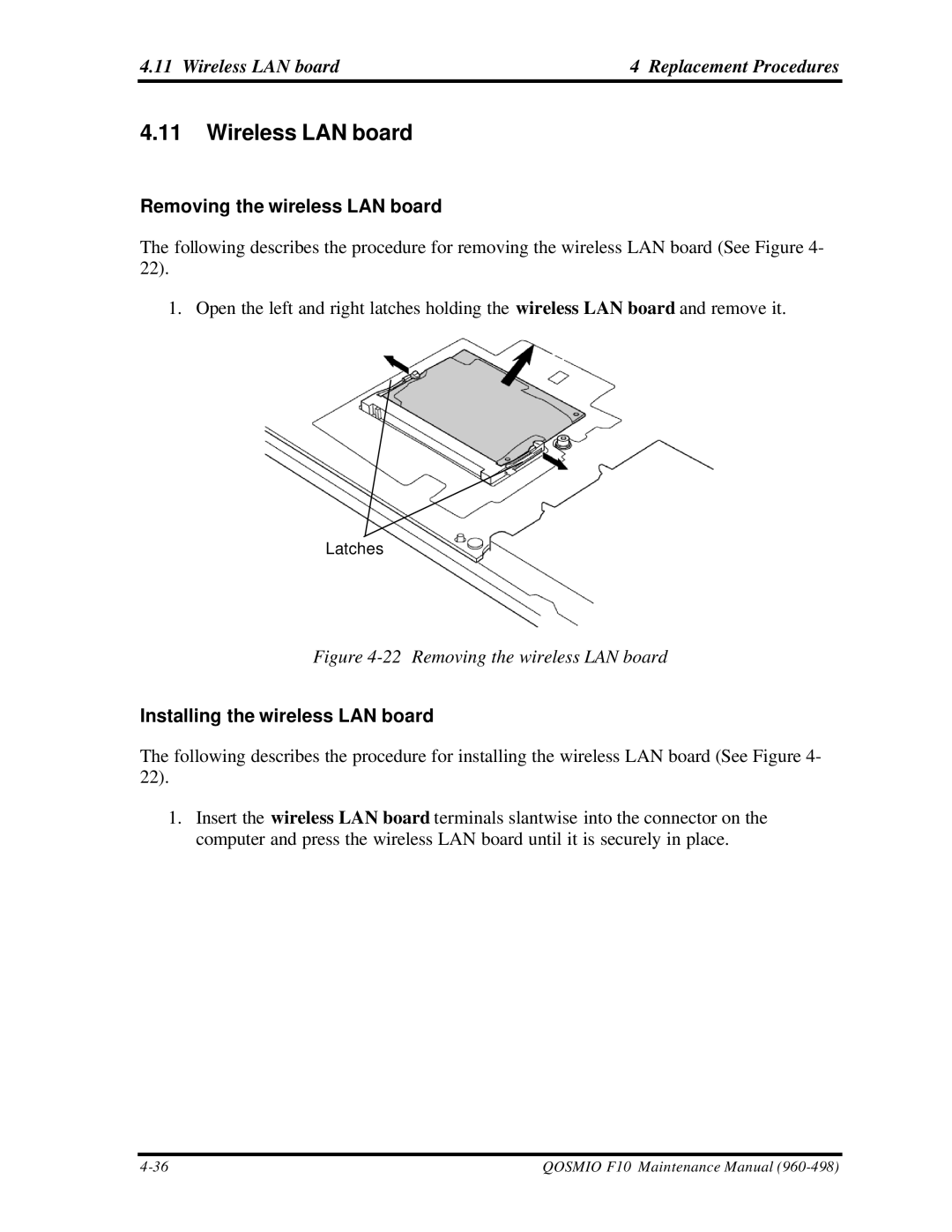 Toshiba qosmio f10 manual Wireless LAN board Replacement Procedures, Removing the wireless LAN board 