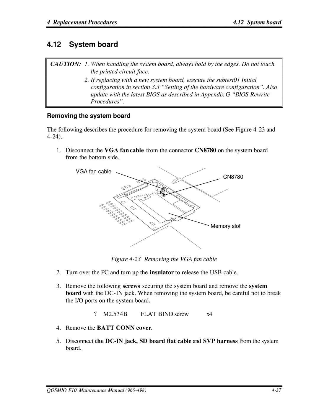 Toshiba qosmio f10 manual Replacement Procedures System board, Removing the system board 