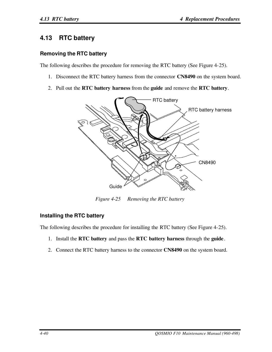 Toshiba qosmio f10 manual RTC battery Replacement Procedures, Removing the RTC battery, Installing the RTC battery 