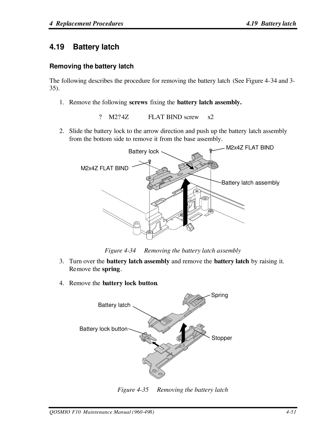 Toshiba qosmio f10 manual Replacement Procedures Battery latch, Removing the battery latch 