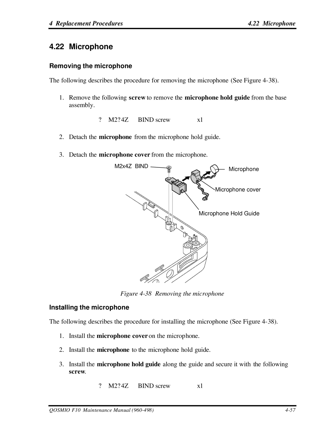 Toshiba qosmio f10 manual Replacement Procedures Microphone, Removing the microphone, Installing the microphone 