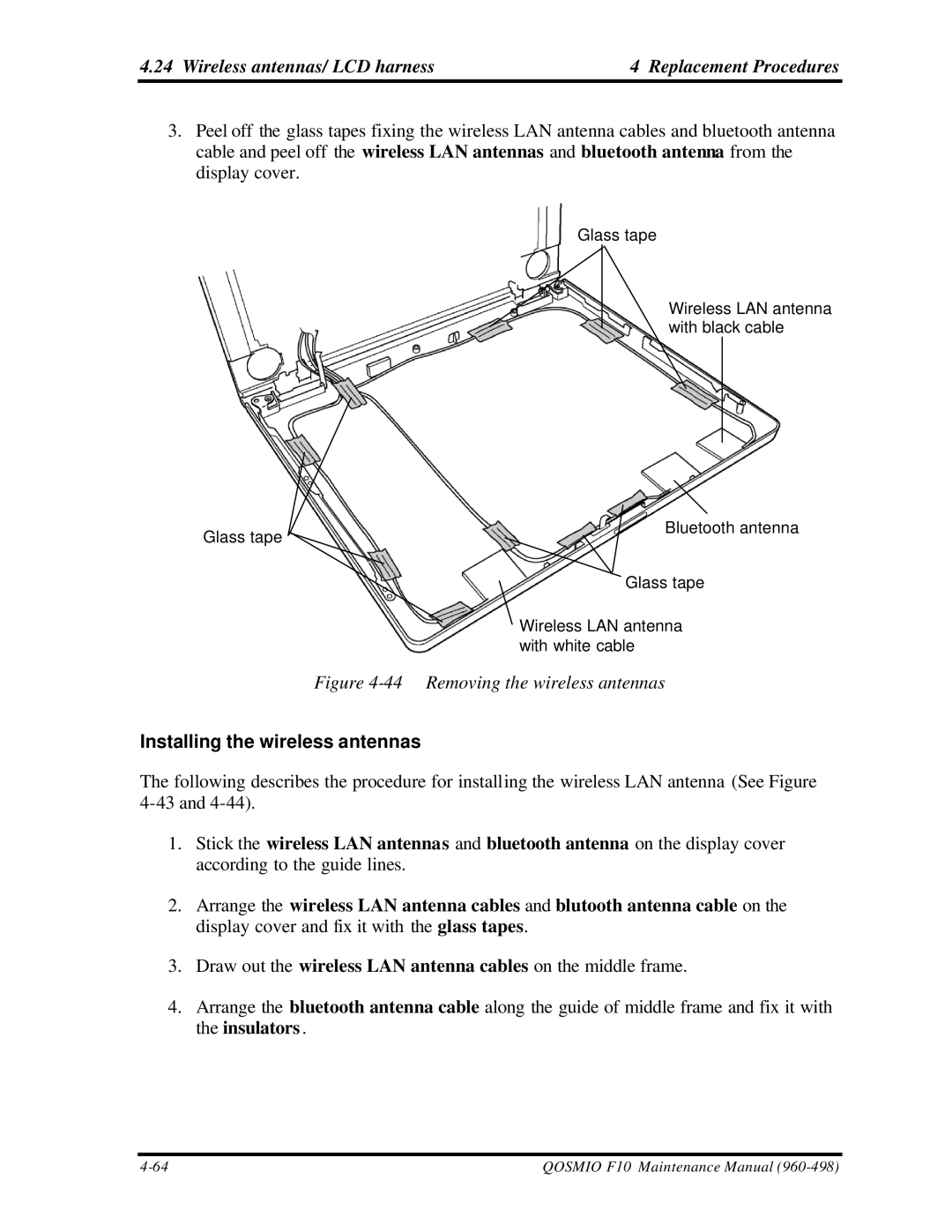 Toshiba qosmio f10 manual Wireless antennas/ LCD harness Replacement Procedures, Installing the wireless antennas 