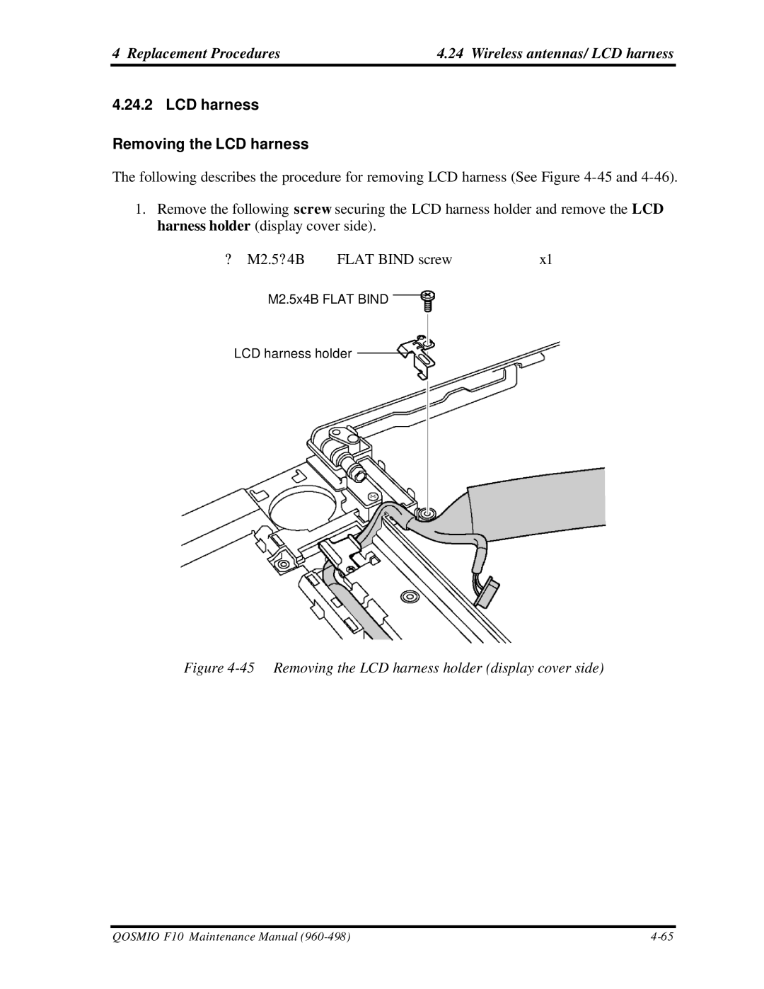 Toshiba qosmio f10 manual LCD harness Removing the LCD harness, Removing the LCD harness holder display cover side 
