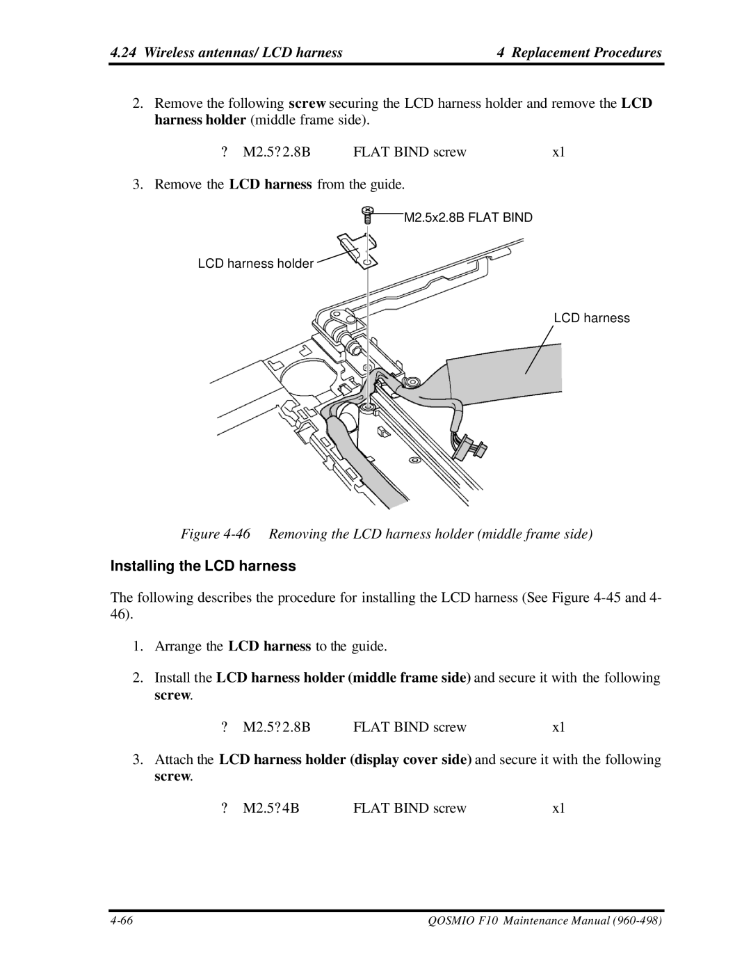 Toshiba qosmio f10 manual Removing the LCD harness holder middle frame side, Installing the LCD harness 