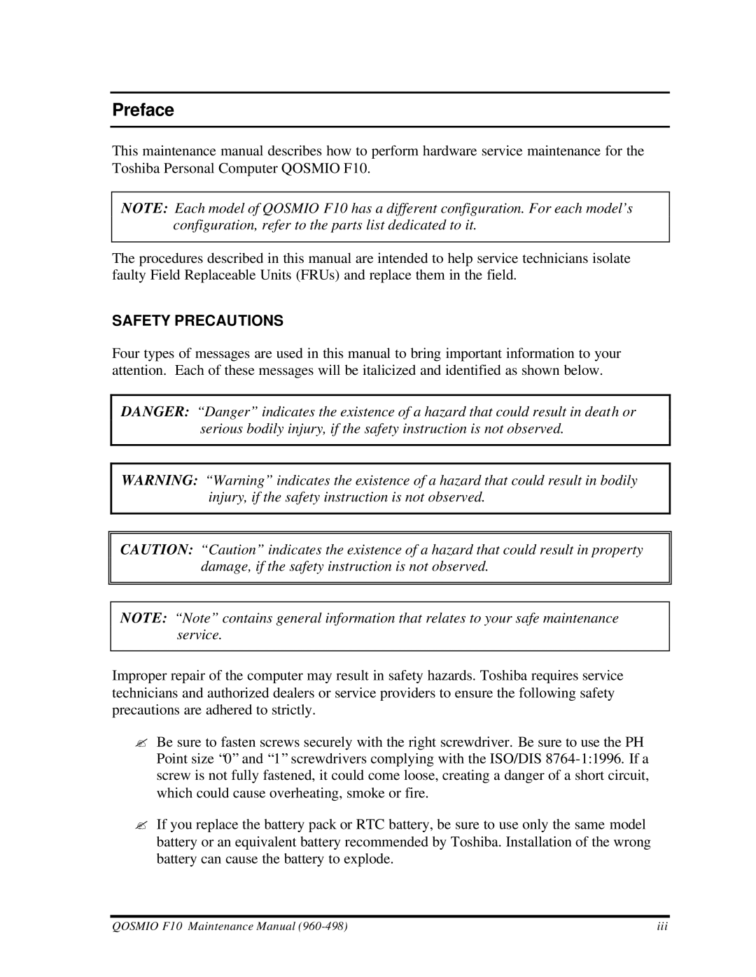 Toshiba qosmio f10 manual Preface, Safety Precautions 