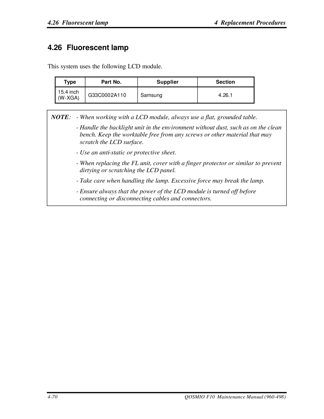 Toshiba qosmio f10 manual Fluorescent lamp Replacement Procedures, Type Supplier Section 