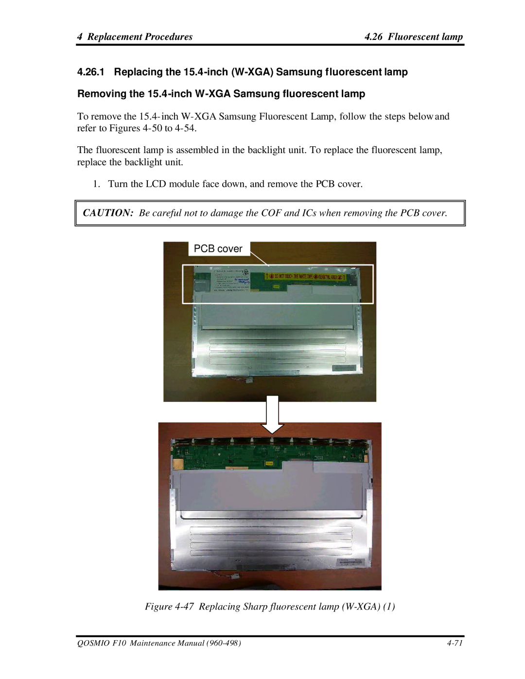 Toshiba qosmio f10 manual Replacement Procedures Fluorescent lamp, Replacing Sharp fluorescent lamp W-XGA 