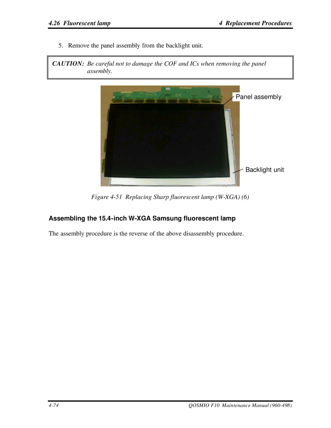 Toshiba qosmio f10 manual Replacing Sharp fluorescent lamp W-XGA, Assembling the 15.4-inch W-XGA Samsung fluorescent lamp 