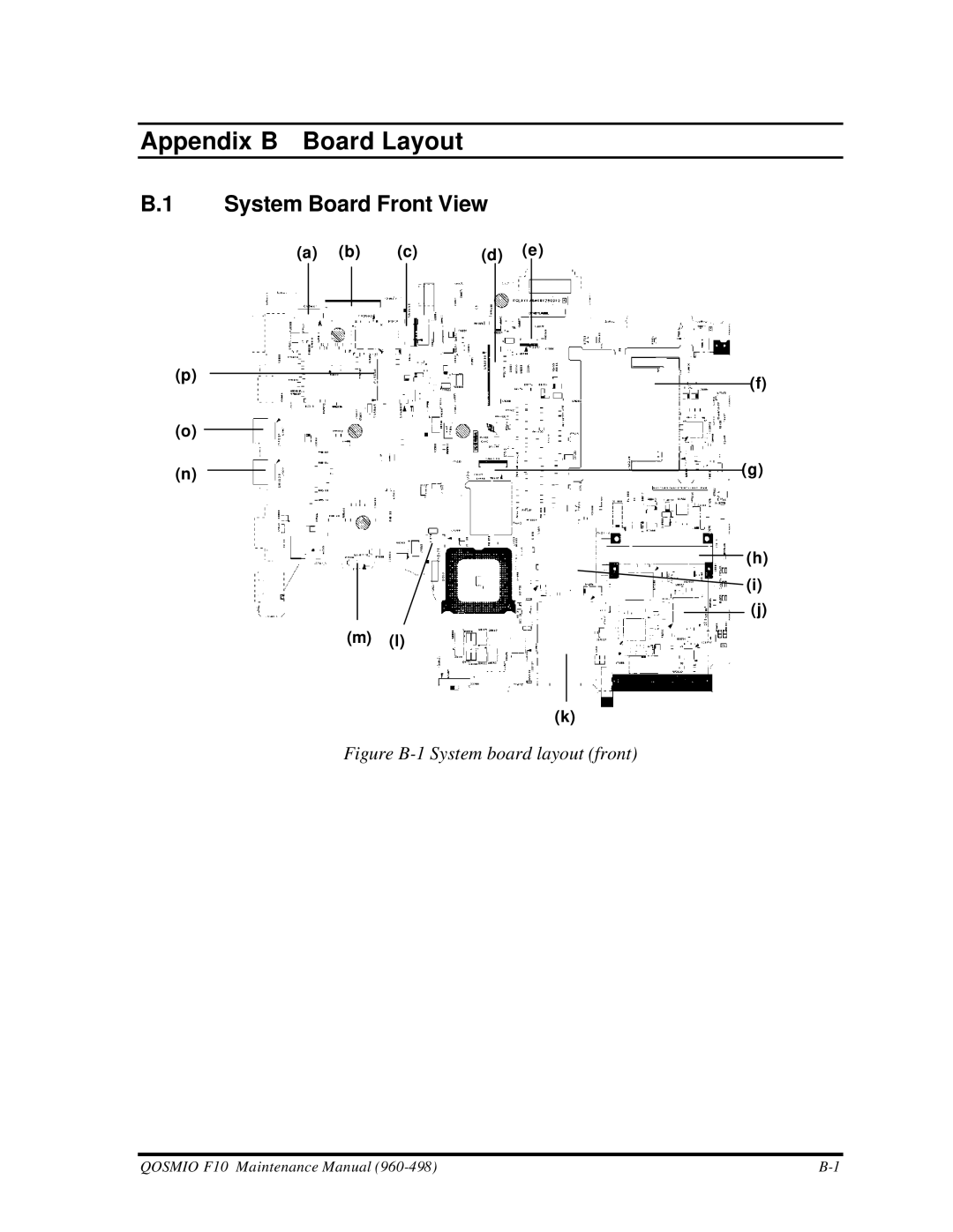 Toshiba qosmio f10 manual System Board Front View, Figure B-1 System board layout front 