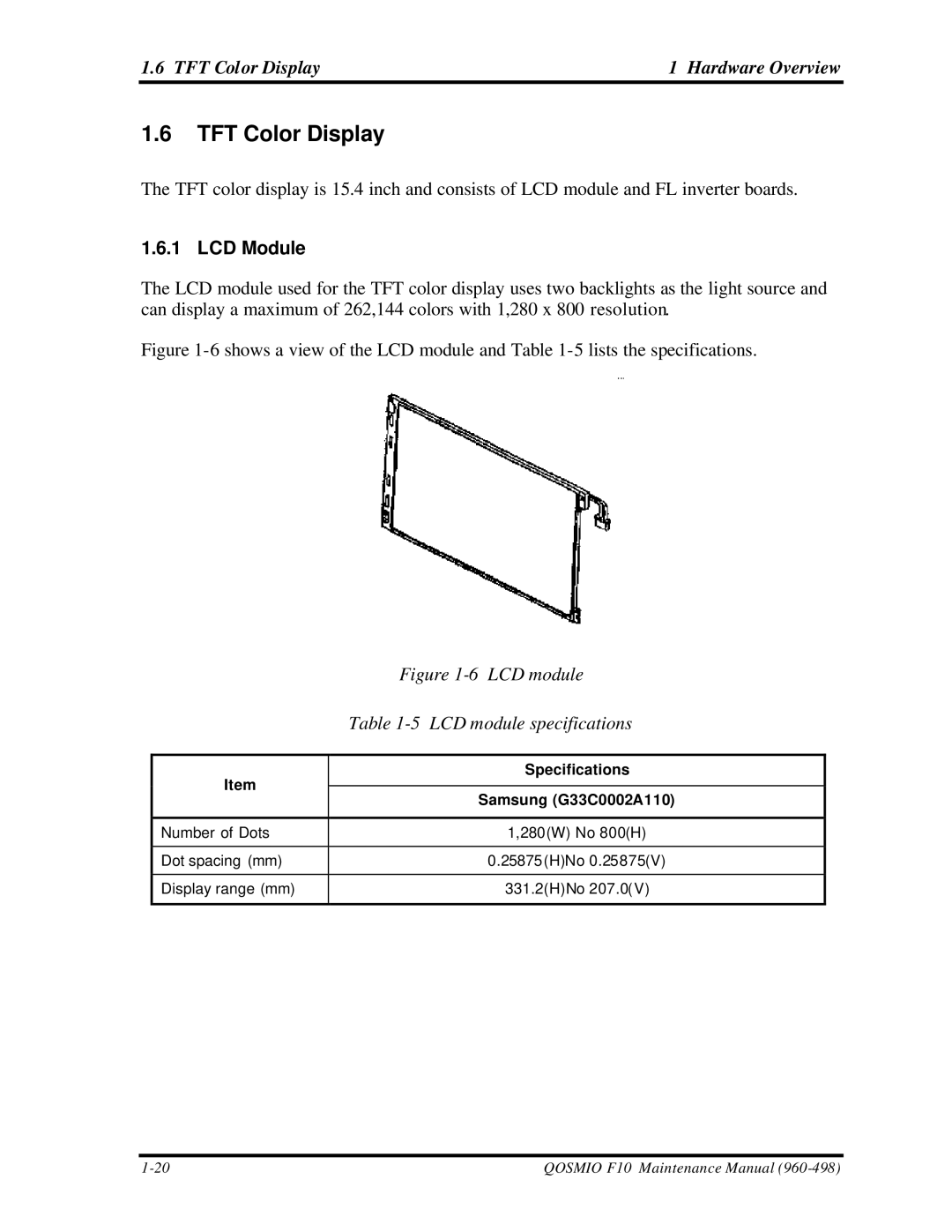 Toshiba qosmio f10 manual TFT Color Display Hardware Overview, LCD Module, Specifications, Samsung G33C0002A110 