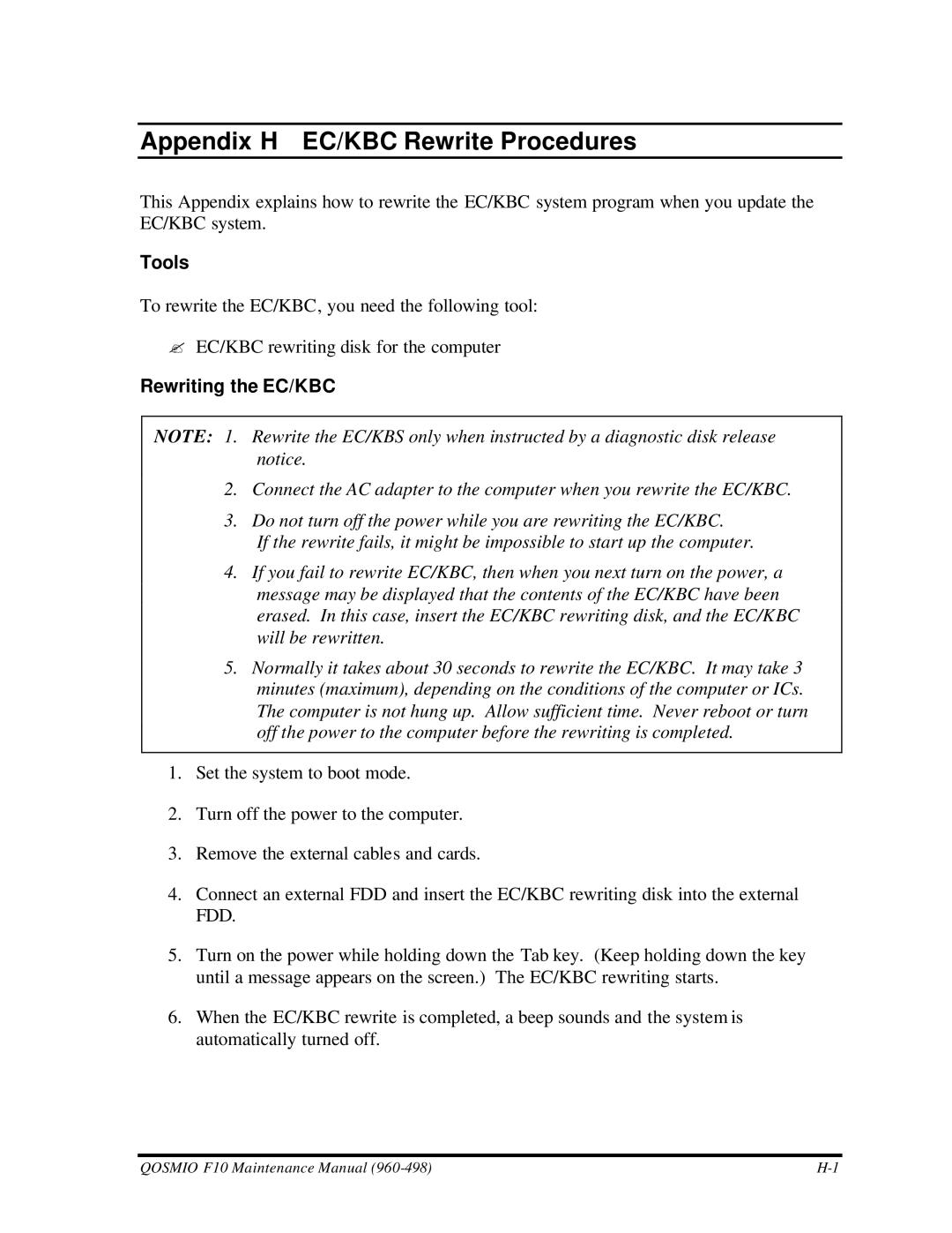 Toshiba qosmio f10 manual Appendix H EC/KBC Rewrite Procedures, Rewriting the EC/KBC 