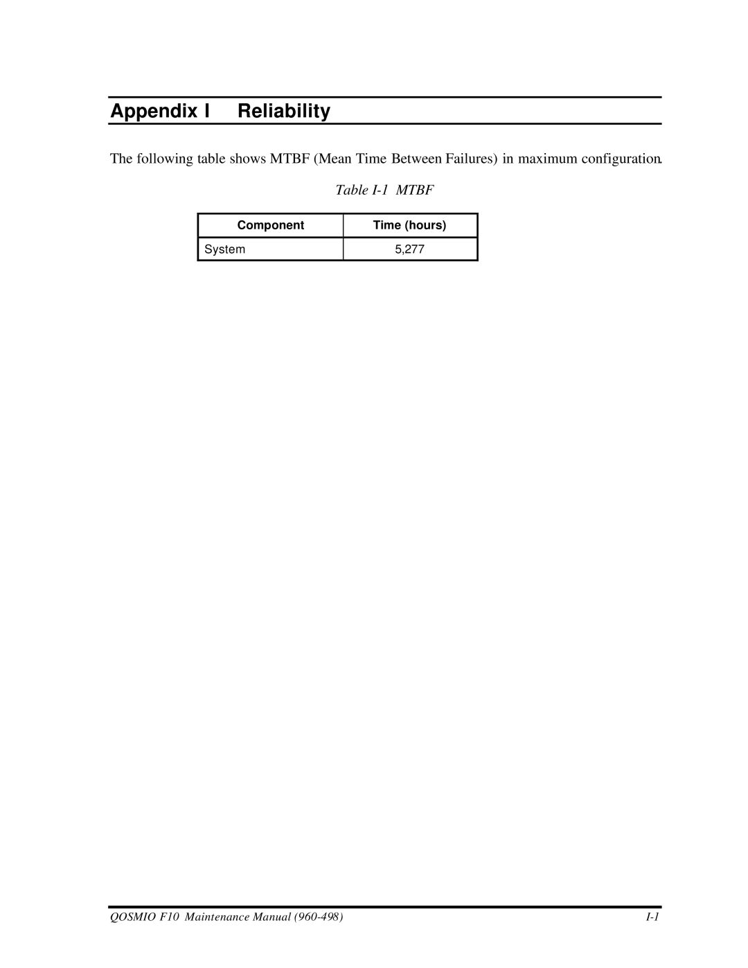 Toshiba qosmio f10 manual Appendix I Reliability, Table I-1 Mtbf 