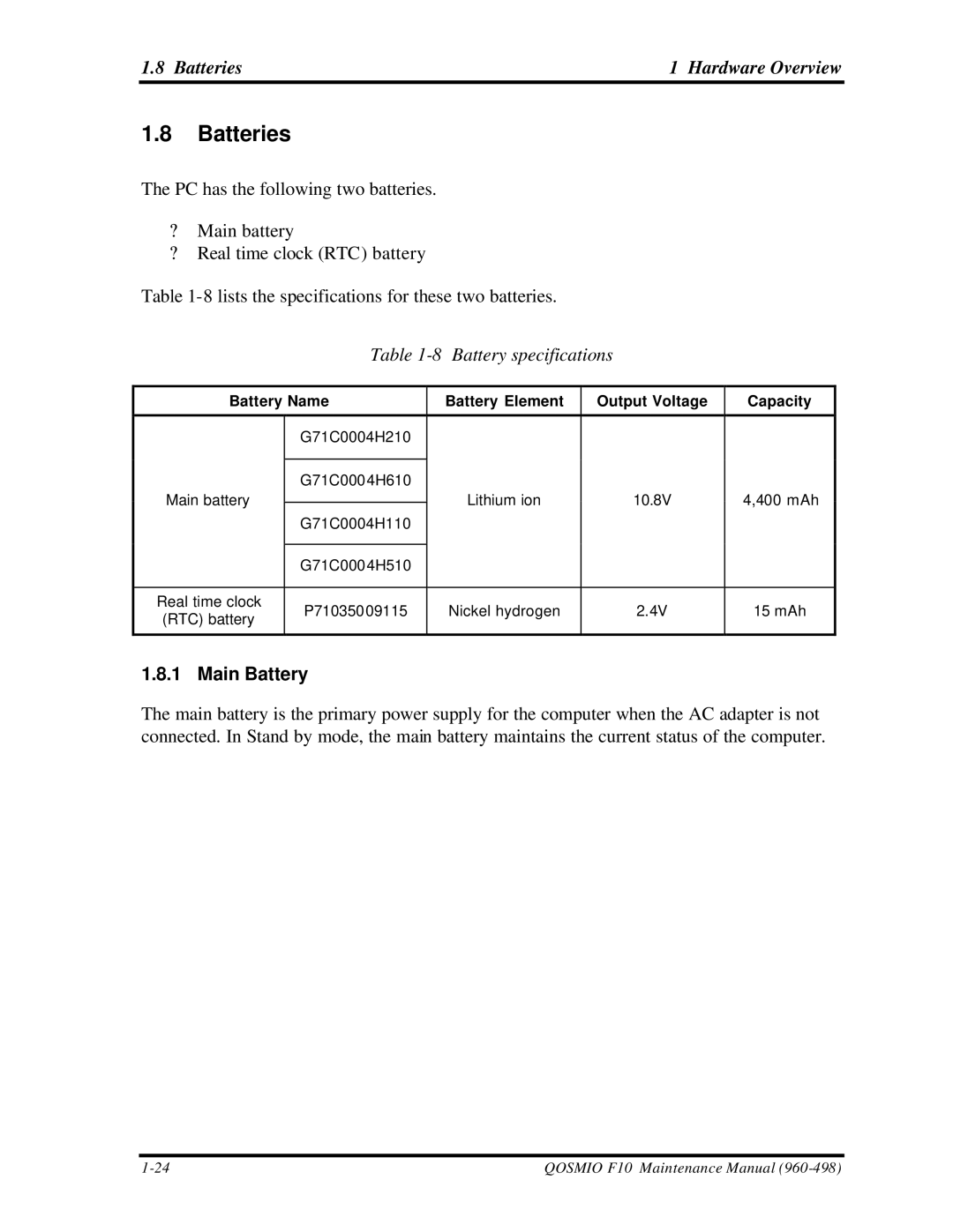 Toshiba qosmio f10 manual Batteries Hardware Overview, Battery specifications, Main Battery 